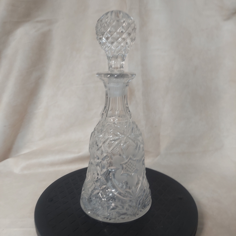 Vintage Crystal Glass Bell Shape Etched Floral Decanter